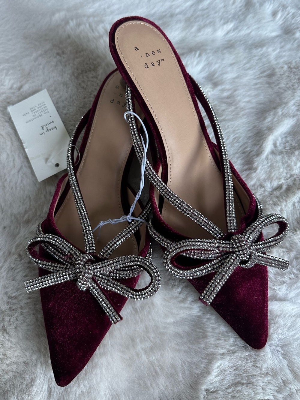 a new day Burgundy Velvet Pointed Slingback Flats with Crystal Bow